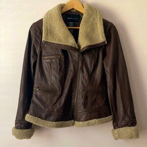 Vintage Moda International Leather Lambskin Aviator Moto Jacket Brown Cuff